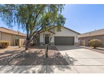 Charming single-story home with a well-maintained front yard and a two-car garage at 43945 W Juniper Ave, Maricopa, AZ 85138