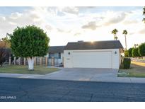 Charming single-level home featuring a two-car garage, mature trees, and manicured landscaping at 10523 W Roundelay Cir, Sun City, AZ 85351