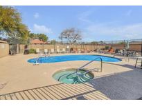 Community pool and spa area with several lounge chairs, umbrellas and mature landscaping at 537 S Delaware Dr # 115, Apache Junction, AZ 85120