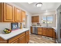 Bright kitchen with wooden cabinets, stainless steel appliances, and a window view at 10620 W Snead Dr, Sun City, AZ 85351