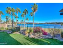 Lush backyard with palm trees, artificial turf, mountain views and water views at 18207 W Hope Dr, Goodyear, AZ 85338