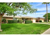 Well-maintained front yard with lush green lawn, manicured hedges, and mature trees enhancing the home's curb appeal at 10002 W Shasta Dr, Sun City, AZ 85351