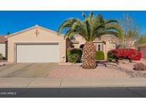 Charming single-story home featuring a two-car garage, mature landscaping, and a well-maintained desert-style front yard at 18813 N Summerbreeze Way, Surprise, AZ 85374