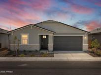Charming single-story home featuring a gray facade, black door, and a two-car garage at 3806 N Camden Dr, Florence, AZ 85132