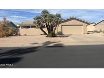 Charming single-story home featuring a two-car garage, desert landscaping, and mature palm trees at 1671 Leisure World --, Mesa, AZ 85206