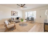Cozy living room with a jute rug, a gray sofa, and comfortable accent chairs at 180 S Maple St, Chandler, AZ 85226