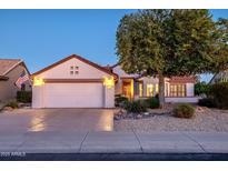 Charming single-story home features a well-maintained front yard and a two-car garage at 20113 N Lagos Ct, Surprise, AZ 85374