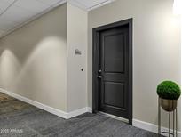 Hallway showing unit's front door with modern paint colors and dark carpeting at 945 E Playa Del Norte Dr # 5005, Tempe, AZ 85288