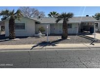 Charming single-story home with well-maintained landscaping, desert rock, and decorative palm trees at 10013 W Alabama Ave, Sun City, AZ 85351