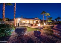 Lush backyard featuring a covered patio, fire bowls, and meticulously manicured landscaping and lawn at 22020 N San Ramon Dr, Sun City West, AZ 85375