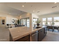 Open-concept kitchen with a large island, modern cabinets, stainless steel appliances, and a seamless transition to the living room at 24066 S 218Th Pl, Queen Creek, AZ 85142