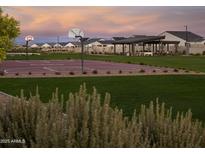 Outdoor basketball court featuring well-maintained court surface and covered patio seating area with neighboring houses at 3294 W Storm Cloud St, San Tan Valley, AZ 85144