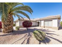 Charming single story home with stucco facade and well-manicured desert landscaping featuring beautiful bougainvillea at 16416 W Rock Springs Ln, Surprise, AZ 85374