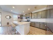 Bright kitchen featuring stainless steel appliances, island with seating, and gray cabinets at 14420 W Faye Way, Surprise, AZ 85387