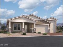 New construction home featuring a two-car garage, a welcoming front porch, and professionally landscaped front yard at 22961 E Twin Acres Dr, Queen Creek, AZ 85142