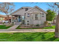 Charming gray home with well-manicured front yard and covered porch entry at 2861 E Camellia Dr, Gilbert, AZ 85296