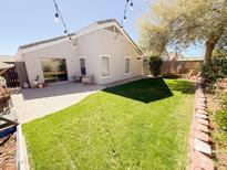 Landscaped backyard featuring green grass, string lights, and brick planters in a well-maintained outdoor space at 440 E March St, San Tan Valley, AZ 85140