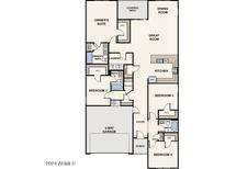 Detailed floor plan showcasing the layout of a home with four bedrooms, a two-bay garage, and an open kitchen at 1659 W Posada St, Coolidge, AZ 85128