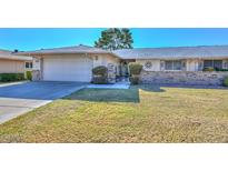 Charming single-story home with a well-manicured lawn and attached two-car garage at 18034 N Highwood Ct, Sun City, AZ 85373