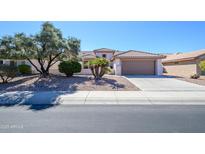 Charming single-story home with a well-manicured front yard, a two car garage, and a tile roof at 16495 W Monteverde Ln, Surprise, AZ 85374