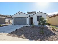 Charming single-story home with a well-manicured front yard and a gray two-car garage at 26955 W Adam Ave, Buckeye, AZ 85396