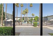 View of the community pool featuring palm trees, lounge chairs, and a black metal fence at 6767 N 7Th St # 223, Phoenix, AZ 85014