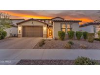 Charming single-Gathering home featuring a two-car garage, desert landscaping, and a warm, inviting entrance at 9730 E Resistance Ave, Mesa, AZ 85212