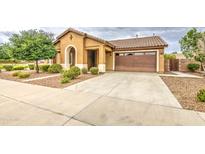 Charming single-story home with a well-maintained lawn and a two car garage and covered entry at 18618 E Mockingbird Dr, Queen Creek, AZ 85142