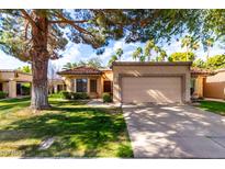 Charming single-story home featuring a well-manicured lawn and two-car garage and mature landscaping at 19220 N 93Rd Ave, Peoria, AZ 85382