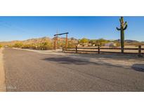 Scenic street view with desert landscaping, mountains, and a rustic wooden fence at 9121 W Quail W Trl, Queen Creek, AZ 85144