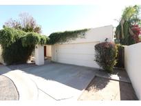 View of a two car garage with lush greenery and an extended driveway, offering privacy at 219 W Denton Ln, Phoenix, AZ 85013