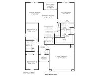 Layout of the first floor, including the kitchen, bedrooms, garage, and patio at 5742 E Smeaton Pl, San Tan Valley, AZ 85140