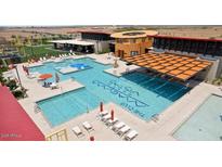 An aerial view of the community pool and recreational area with lounge chairs and shade umbrellas at 30386 N Juniper Dr, Florence, AZ 85132