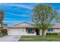 Charming single-story home with a well-manicured lawn and attached two-car garage at 10106 W Highwood Ln, Sun City, AZ 85373