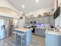 Charming kitchen featuring gray cabinets, stainless steel appliances, and a center island with seating at 1357 N Balboa Dr, Gilbert, AZ 85234