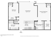 Detailed floor plan showcasing layout with two bedrooms, bathrooms, and kitchen at 7121 E Rancho Vista Dr # 2002, Scottsdale, AZ 85251
