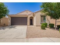 Inviting single-story home with a two-car garage, neutral stucco, and neat landscaping at 18658 N Desert Willow Dr, Maricopa, AZ 85138