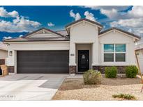 Charming single-story home featuring a dark grey two-car garage and a low-maintenance desert landscape at 24029 W Zak Rd, Buckeye, AZ 85326