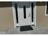 A bright white front door with decorative glass panels welcomes visitors into this charming home at 6107 N 126Th Ave, Litchfield Park, AZ 85340