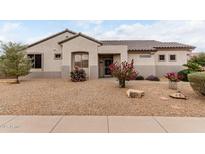 Charming single-story home features desert landscaping with mature flowering shrubs enhancing curb appeal at 20319 N Painted Sky Dr, Surprise, AZ 85374