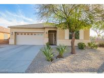 Charming single-story home featuring a well-maintained front yard, desert landscaping, and an attached two-car garage at 20905 N Danielle Ave, Maricopa, AZ 85138