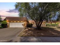 Charming single-story brick home with a two-car garage and mature landscaping at dusk at 9730 W Gulf Hills Dr, Sun City, AZ 85351