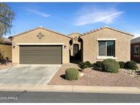 Charming single-story home showcasing a well-maintained front yard and a convenient two-car garage at 19765 N Swan Ct, Maricopa, AZ 85138