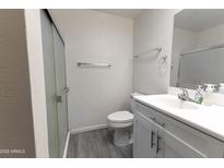 Bright bathroom featuring gray wood-look tile flooring, a vanity with white cabinets, and a glass-enclosed shower at 913 N Trekell Rd, Casa Grande, AZ 85122