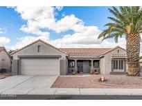 Charming single-story home featuring a tile roof, desert landscaping, and a two-car garage at 15116 W Carbine Way, Sun City West, AZ 85375