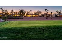 Scenic view of the well-manicured golf course at sunset, with vibrant green fairways and palm trees lining the landscape at 22813 N Del Monte Dr, Sun City West, AZ 85375