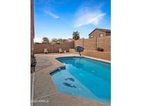 Enjoy the sparkling pool complete with dolphin tile, basketball hoop, and chairs for lounging at 528 E Wolf Hollow Dr, Casa Grande, AZ 85122