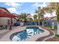 Refreshing backyard pool surrounded by lush landscaping, perfect for outdoor relaxation and entertaining under sunny skies at 974 E Palomino Way, San Tan Valley, AZ 85143