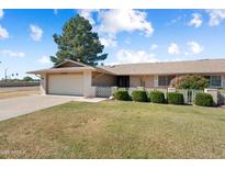 Charming single-story home featuring a well-maintained lawn, mature landscaping, and an attached two-car garage at 18018 N Highwood Ct, Sun City, AZ 85373