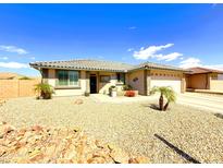 Charming single-story home with desert landscaping and a well-maintained front yard, including palm trees and stone accents at 11454 E Pampa Ave, Mesa, AZ 85212